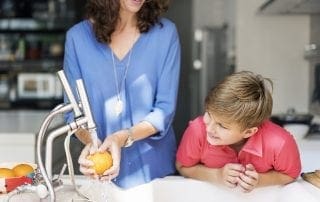 Mom Son Washing Fruits Togetherness Cheerful Concept